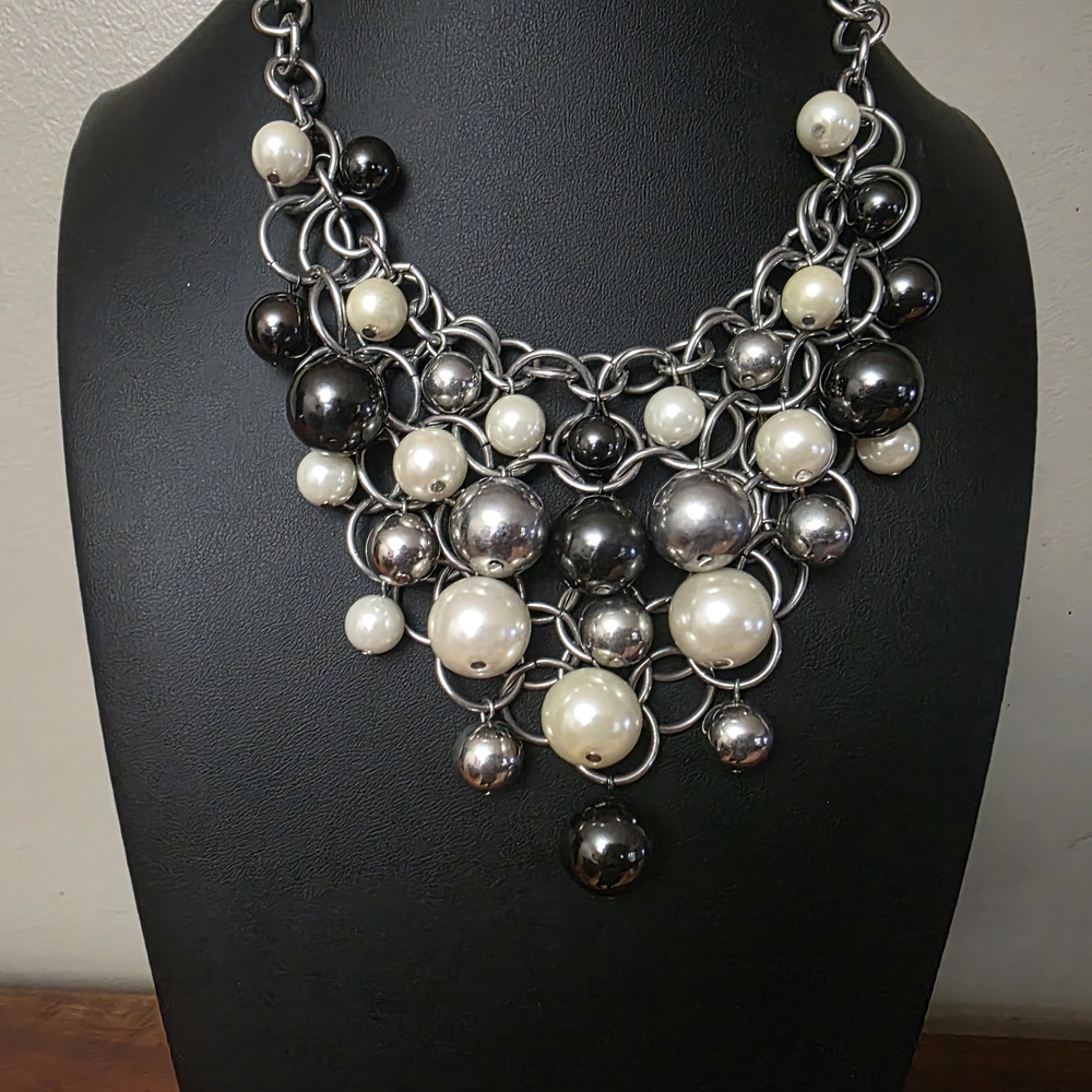 Black and Silver And White Faux Pearl Statement Necklace. Collar Necklace. Fun!!